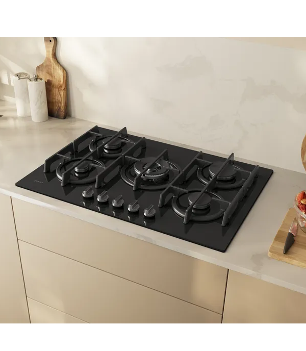 NEFF T27PIQ4S0 Piano cottura a Gas 75 cm Vetro temprato, Nero